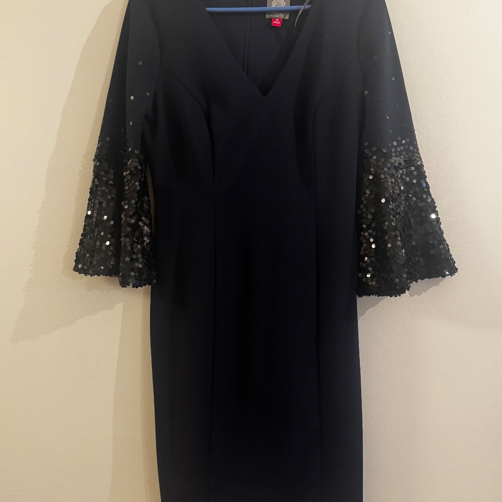 Vince Camuto Womens 10 Navy Sequin Bell Sleeve Shift Dress